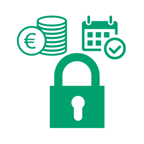 icono de candado cerrado junto a un calendario y una pila de monedas con el símbolo del euro