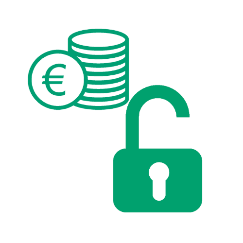 icono de un candado abierto junto a una pila de monedas con el símbolo del euro