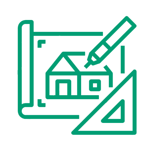 icono de casa sobre un plano con un lapiz y un cartabón