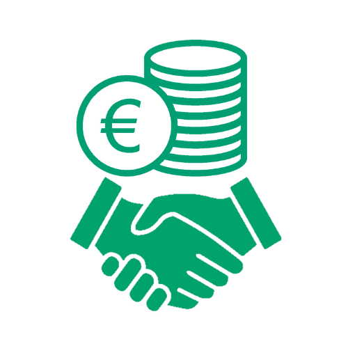 icono de manos junto a otro icono de pila de monedas con el símbolo del euro