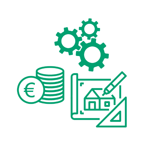 icono de planos de una casa con otro icono de engranajes