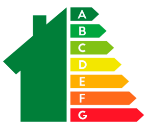 icono de casa mostrando los diferentes niveles de eficiencia energética en una vivienda