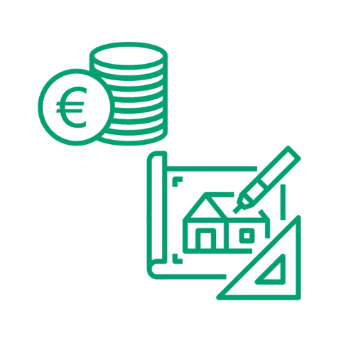 icono de plano de una casa junto a otro icono de pila de monedas con el símbolo del euro